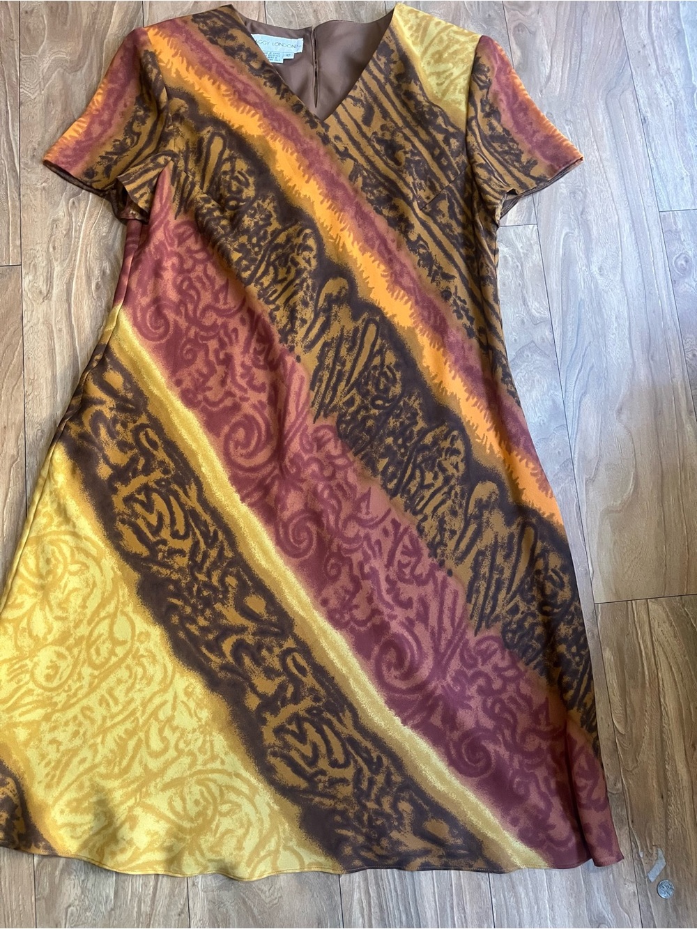 Maggy London Diagonal Stripe Midi Dress in Mustard, Rust & Brown